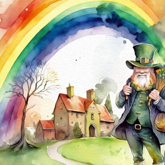 St. Patricks Day Leprechaun Rainbow Lucky Irish Watercolor Oil Painting Print - Picture 4 of 5